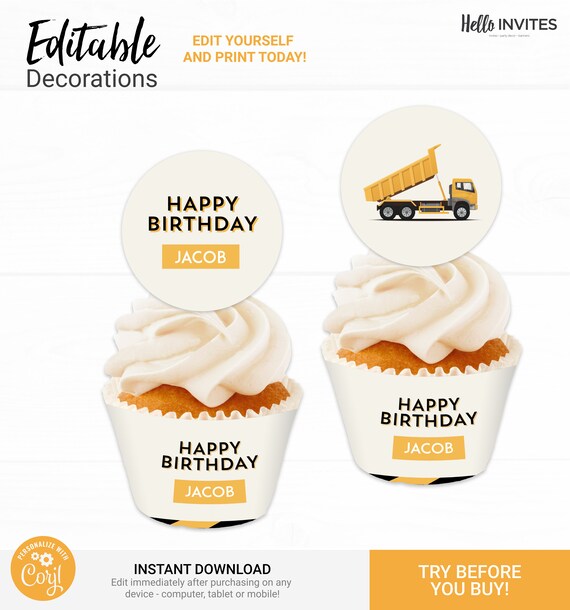 Construction Cupcake Topper and Wrapper Birthday Decorations - Instant Access Edit Now - Dump Truck Party Digital Printable DIY Decor Il_570xn