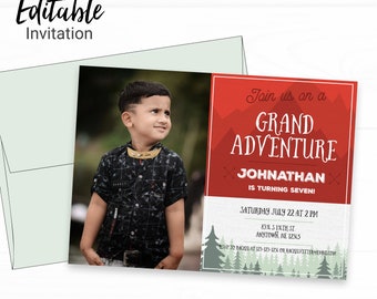Adventure Awaits Birthday Invitation with Photo - Instant Access Edit Now - Forest Camping Mountains Invite Digital Printable Invitation