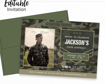 Camo Birthday Invitation - Instant Access Edit Now - Military Army Camouflage Invite Digital Printable DIY Invitation