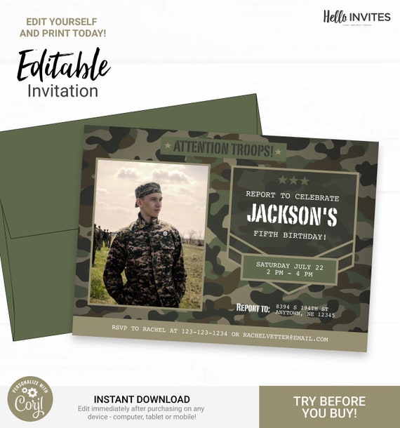 Camo Birthday Invitation - Instant Access Edit Now - Military Army Camouflage Invite Digital Printable DIY Invitation Il_570xn