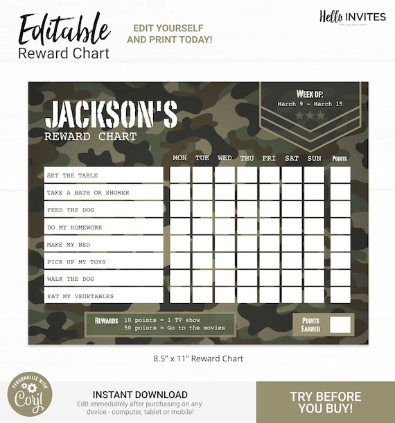 Camo Editable Reward Chart - Instant Access Edit Now - Military Army Camouflage Printable Chore Chart Weekly Reward Chart for Kids Printable Il_570xn