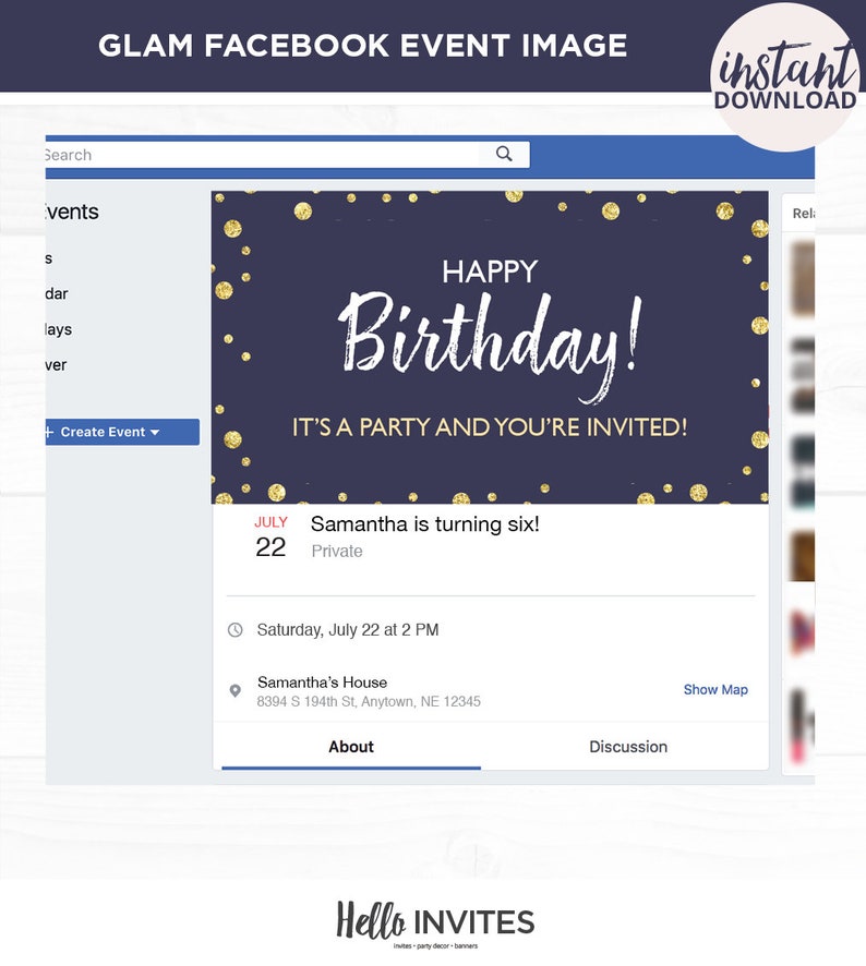 Glam Birthday Facebook Event Invitation Pink Blue Gold Girl Birthday Invite Girly Digital Facebook Invite