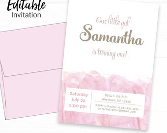 Pink Watercolor Birthday Invitation - Instant Access Edit Now - Modern Girly Invite Digital Printable DIY Invitation