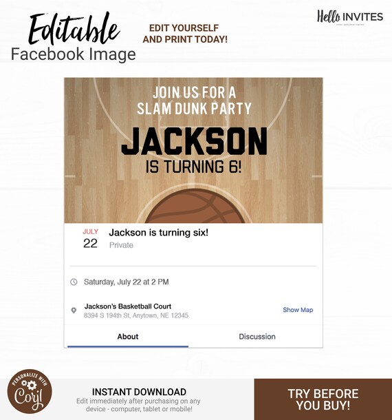Basketball Facebook Event Birthday Invitation - Instant Access Edit Now - Basketball Court Sports Invite Digital Printable DIY Invitation Il_570xn