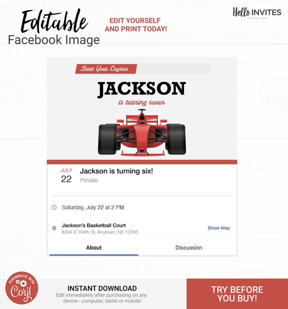 Race Car Facebook Event Image Birthday Invitation - Instant Access Edit Now - Start Your Engines Racing Invite Digital Printable DIY Invite Il_570xn