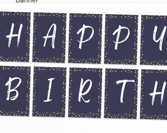 Glam Editable Happy Birthday Banner Decorations - Instant Access Edit Now - Minimal Modern Glitter Blue Gold Digital Printable DIY Decor