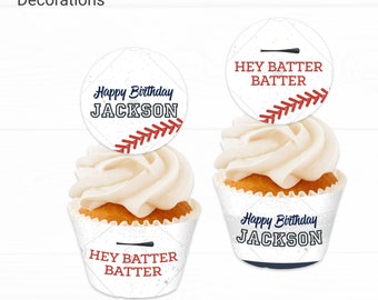 Baseball Birthday Cupcake Topper and Wrapper - Instant Access Edit Now - Baseball Bat Field Digital Printable DIY Decor