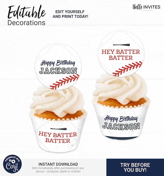 Baseball Birthday Cupcake Topper and Wrapper - Instant Access Edit Now - Baseball Bat Field Digital Printable DIY Decor Il_570xn