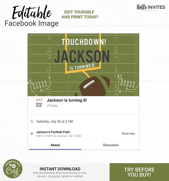 Football Facebook Event Image Birthday Invitation - Instant Access Edit Now - Football Field Sports Invite Digital Printable DIY Invitation Il_570xn