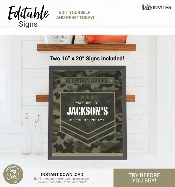 Camo Custom Party Sign Birthday Decorations - Instant Access Edit Now - Military Army Digital Printable DIY Decor Il_570xn