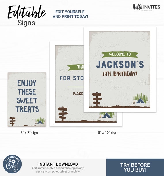 Camping Custom Party Sign Birthday Decorations - Instant Access Edit Now - Forest Camping Mountains Blue Decor Digital Printable DIY Il_570xn