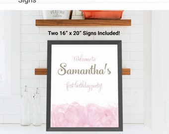 Pink Watercolor Custom Party Sign Birthday Decorations - Instant Access Edit Now - Modern Girly Digital Printable DIY Decor