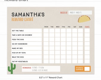 Taco Editable Reward Chart - Instant Access Edit Now - Fiesta Taco Cactus Printable Chore Chart Weekly Reward Chart for Kids Printable