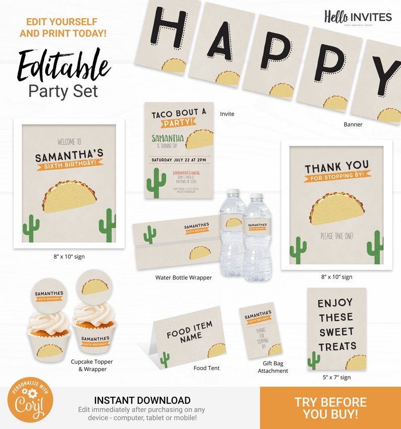 Taco Party Birthday Decorations Instant Access Edit Now Fiesta Taco