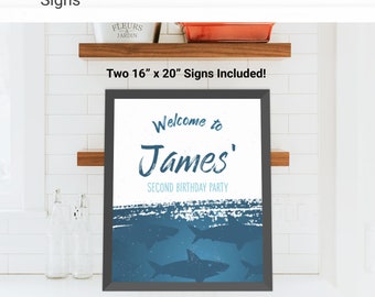 Shark Custom Party Sign Birthday Decorations - Instant Access Edit Now - Shark Week Pool Party Decor Digital Printable DIY