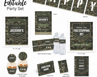 Camo Editable Birthday Party Decorations - Instant Access Edit Now - Military Army Invite Digital Printable DIY Decor