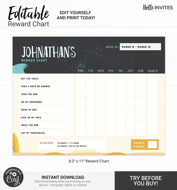 Surf Editable Reward Chart - Instant Access Edit Now - Ride The Wave Surfing Printable Chore Chart Weekly Reward Chart for Kids Printable Il_570xn