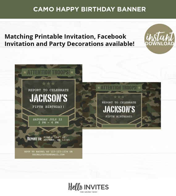 Camo Happy Birthday Diy Instant Download Decorations Brown Boy Etsy