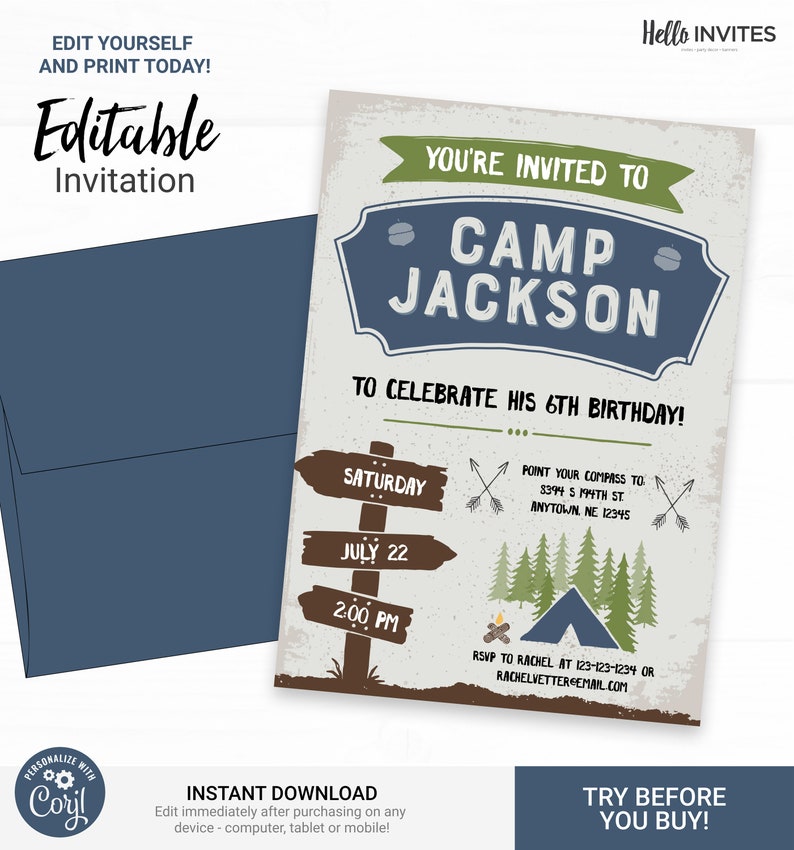 Camping Birthday Invitation Instant Access Edit Now Forest Camping Mountains Blue Invite Digital Printable DIY Invitation image 1