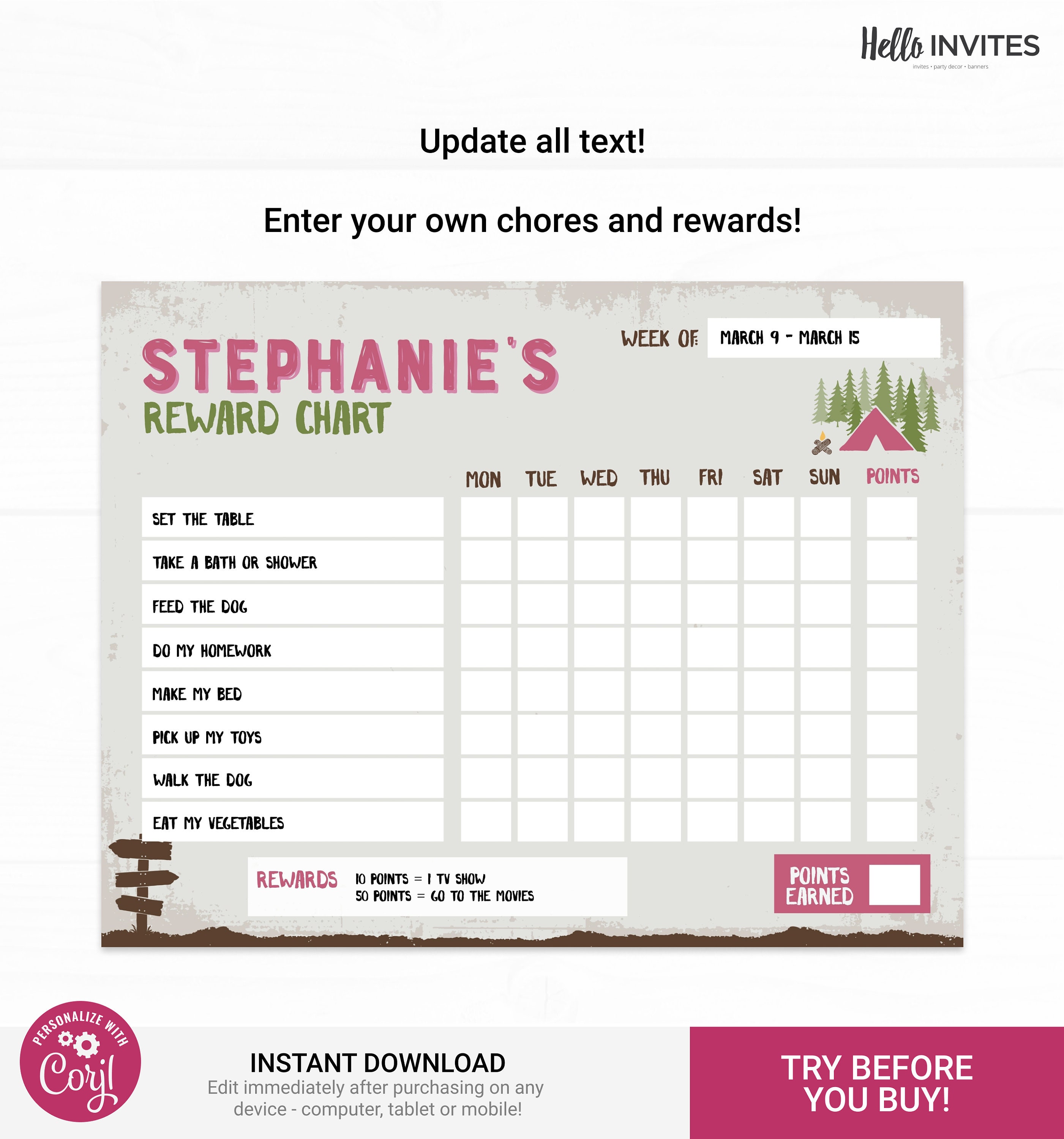 Camping Editable Reward Chart Instant Access Edit Now Forest Camping