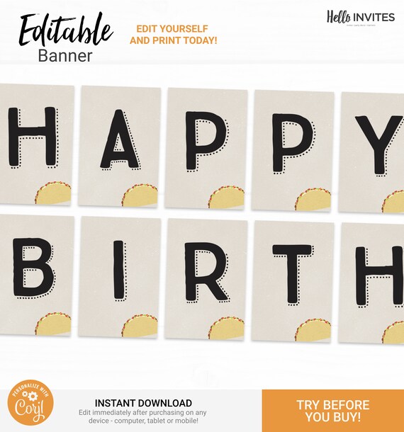 Taco Editable Happy Birthday Banner Decorations - Instant Access Edit Now - Fiesta Taco Cactus Party Digital Printable DIY Decor Il_570xn