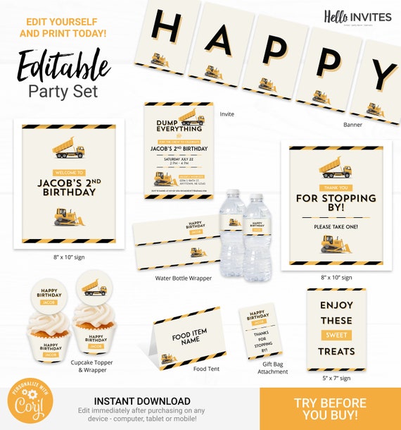 Construction Birthday Party Decorations - Instant Access Edit Now - Dump Truck Party Digital Printable DIY Decor Il_570xn