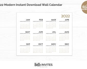 2022 Modern Instant Download Wall Calendar Office Decoration Digital Printable Decor