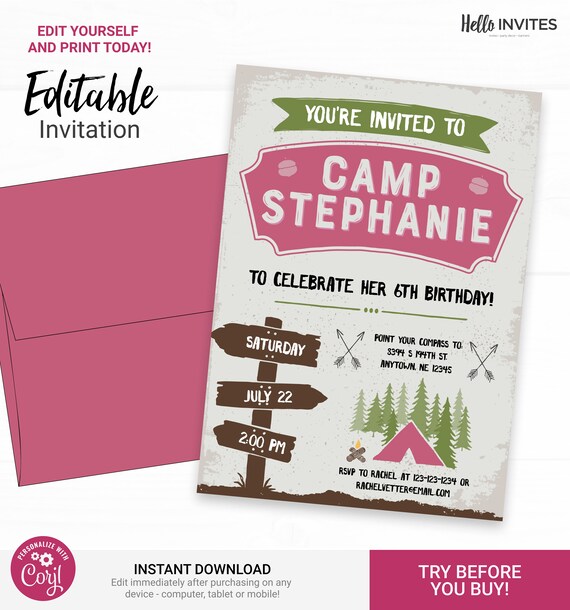 Camping Birthday Invitation - Instant Access Edit Now - Forest Camping Mountains Pink Invite Digital Printable DIY Invitation Il_570xn