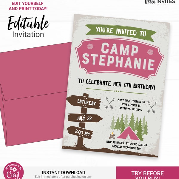 Camping Birthday Invitation - Instant Access Edit Now - Forest Camping Mountains Pink Invite Digital Printable DIY Invitation