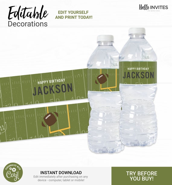 Football Water Bottle Wrapper Birthday Decorations - Instant Access Edit Now - Football Field Sports Digital Printable DIY Decor Il_570xn