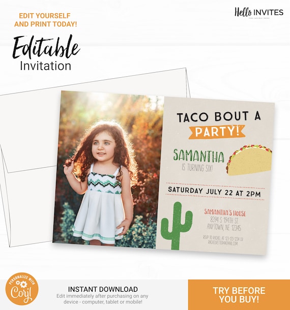 Taco Birthday Invitation with Photo - Instant Access Edit Now - Fiesta Taco Cactus Party Invite Digital Printable DIY Invitation Il_570xn