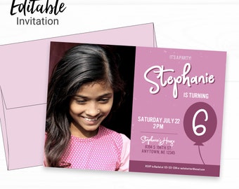 Pink Balloon Birthday Invitation with Photo - Instant Access Edit Now - Modern Girly Invite Digital Printable DIY Invitation