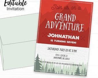 Adventure Awaits Birthday Invitation - Instant Access Edit Now - Forest Camping Mountains Invite Digital Printable Invitation