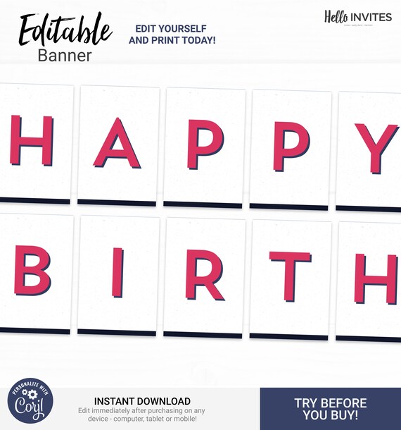 Geometric Editable Happy Birthday Banner Decorations - Instant Access Edit Now - Minimal Modern Clean White Digital Printable DIY Decor Il_570xn