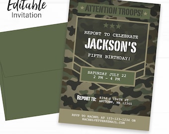 Camo Birthday Invitation - Instant Access Edit Now - Military Army Camouflage Invite Digital Printable DIY Invitation