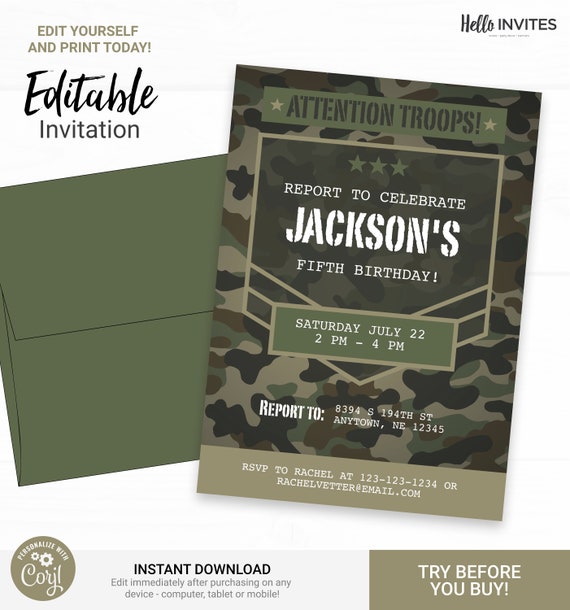 Camo Birthday Invitation - Instant Access Edit Now - Military Army Camouflage Invite Digital Printable DIY Invitation Il_570xn