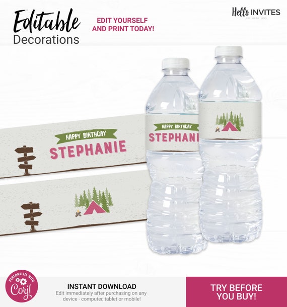 Camping Water Bottle Wrapper Birthday Decorations - Instant Access Edit Now - Forest Camping Mountains Pink Decor Digital Printable DIY Il_570xn