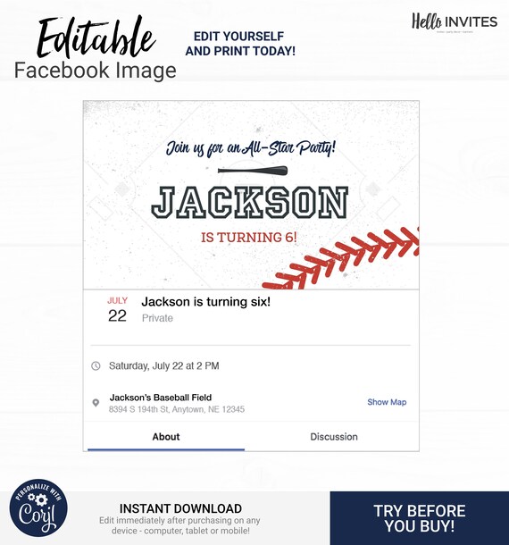 Baseball Birthday Facebook Event Invitation - Instant Access Edit Now - Baseball Bat Field Invite Digital Printable Invitation Il_570xn