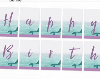 Mermaid Editable Happy Birthday Banner Decorations - Instant Access Edit Now - Under the Sea Ocean Pool Party Digital Printable DIY Decor