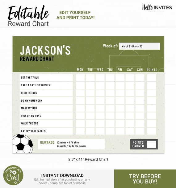 Soccer Editable Reward Chart - Instant Access Edit Now - Soccer Game Team Printable Chore Chart Weekly Reward Chart for Kids Printable Il_570xn