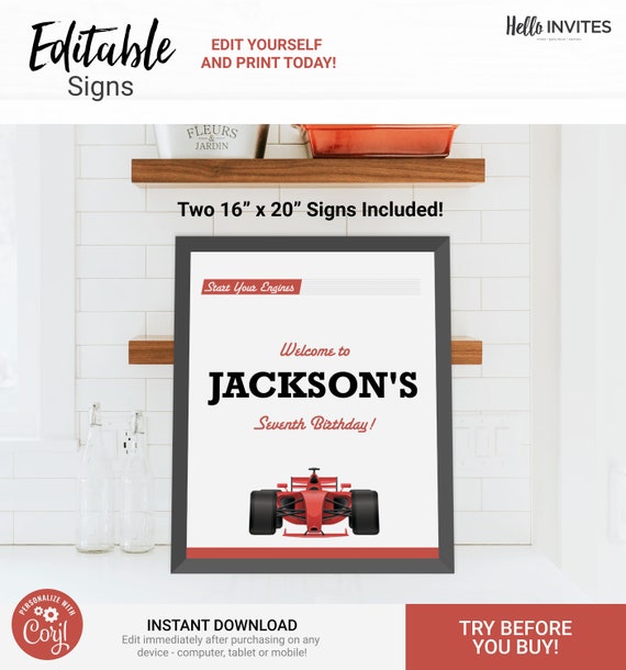 Race Car Custom Party Sign Birthday Decorations - Instant Access Edit Now - Start Your Engines Racing Digital Printable DIY Decor Il_570xn