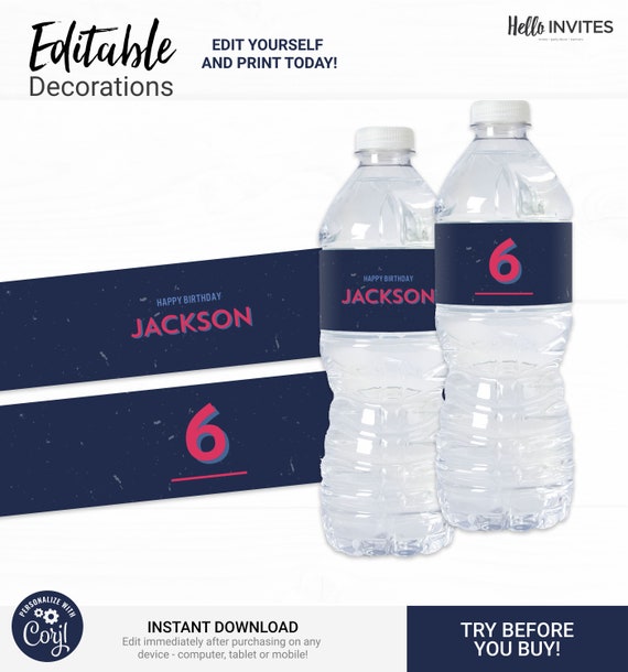 Geometric Water Bottle Wrapper Birthday Decorations - Instant Access Edit Now - Minimal Modern Clean Blue Digital Printable DIY Decor Il_570xn