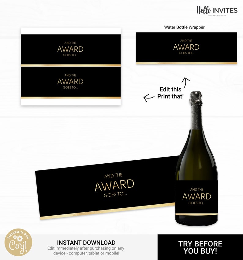 Awards Party Champagne Bottle Wrapper Instant Access Edit Now Awards Show Watch Party Digital Printable DIY Decorations image 3