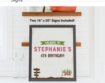 Camping Custom Party Sign Birthday Decorations - Instant Access Edit Now - Forest Camping Mountains Pink Decor Digital Printable DIY