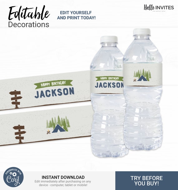 Camping Water Bottle Wrapper Birthday Decorations - Instant Access Edit Now - Forest Camping Mountains Blue Decor Digital Printable DIY Il_570xn