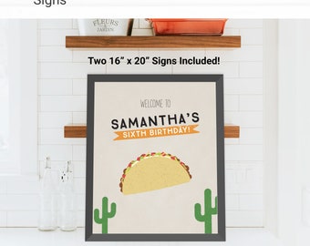 Taco Custom Party Sign Birthday Decorations - Instant Access Edit Now - Fiesta Taco Cactus Party Digital Printable DIY Decor