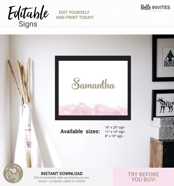 Pink Watercolor Playroom Bedroom Wall Art - Instant Access Edit Now - Pretty in Pink Nursery Toddler Kids Name Sign Decoration Printable Il_570xn