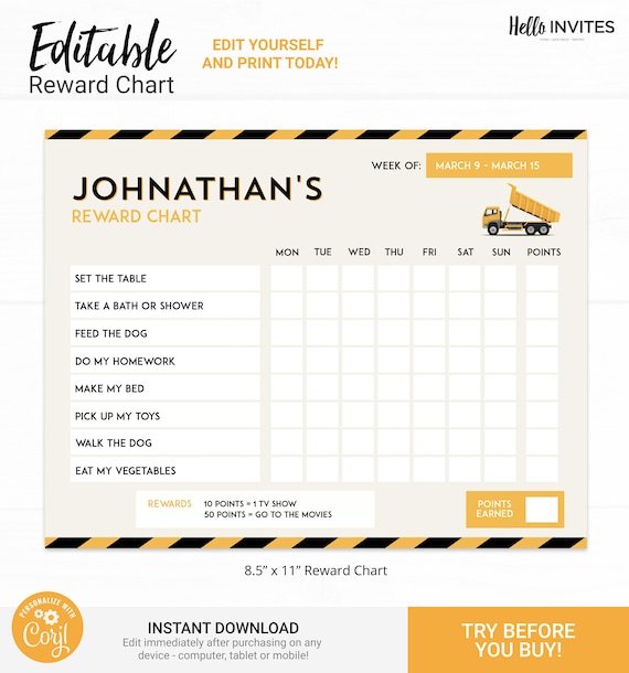 Construction Editable Reward Chart - Instant Access Edit Now - Dump Truck Printable Chore Chart Weekly Reward Chart for Kids Printable Il_570xn
