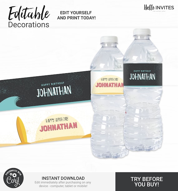 Surf Water Bottle Wrapper Birthday Decorations - Instant Access Edit Now - Surfing Ride The Wave Party Digital Printable DIY Decor Il_570xn