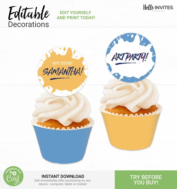 Art Party Cupcake Topper and Wrapper Birthday Decorations Instant